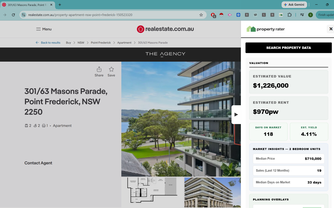 Property Rater Chrome Extension showing property data alongside a realestate.com.au listing
